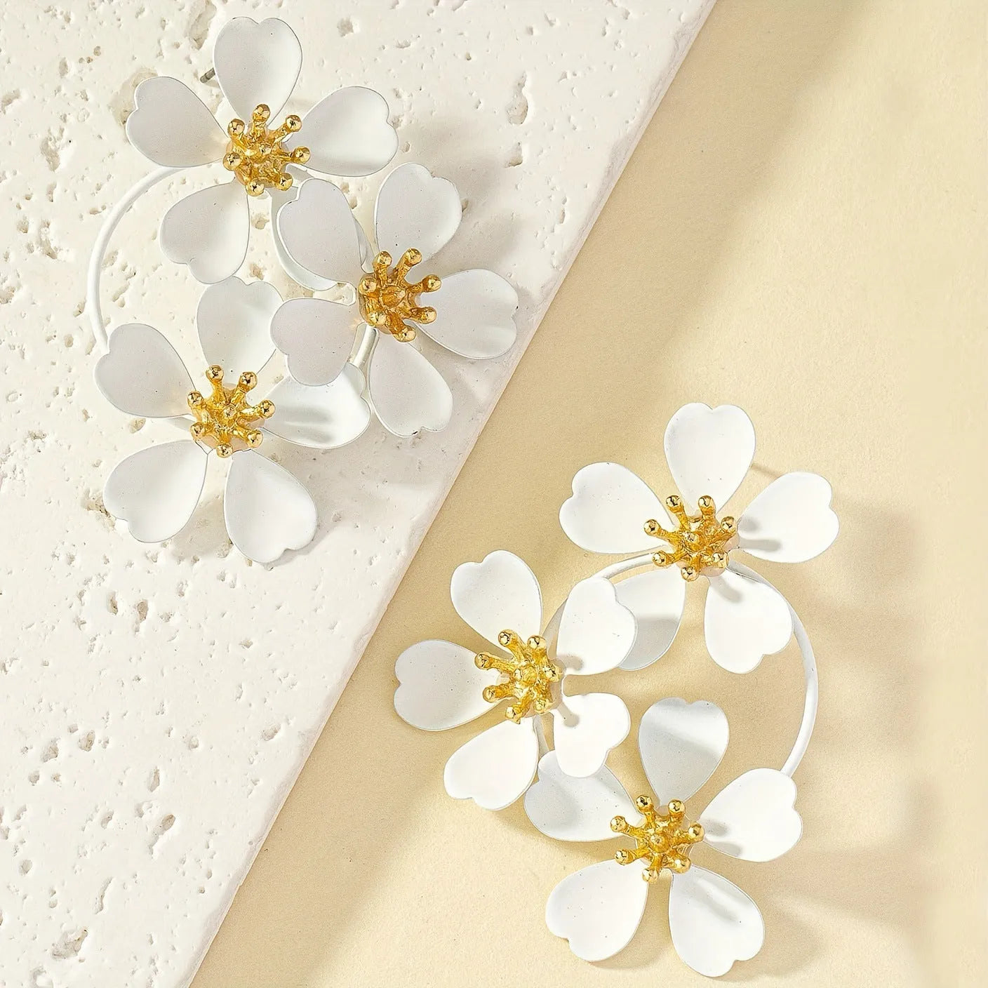 Retro flower earrings for women in black or white with iron metal and baking varnish finish