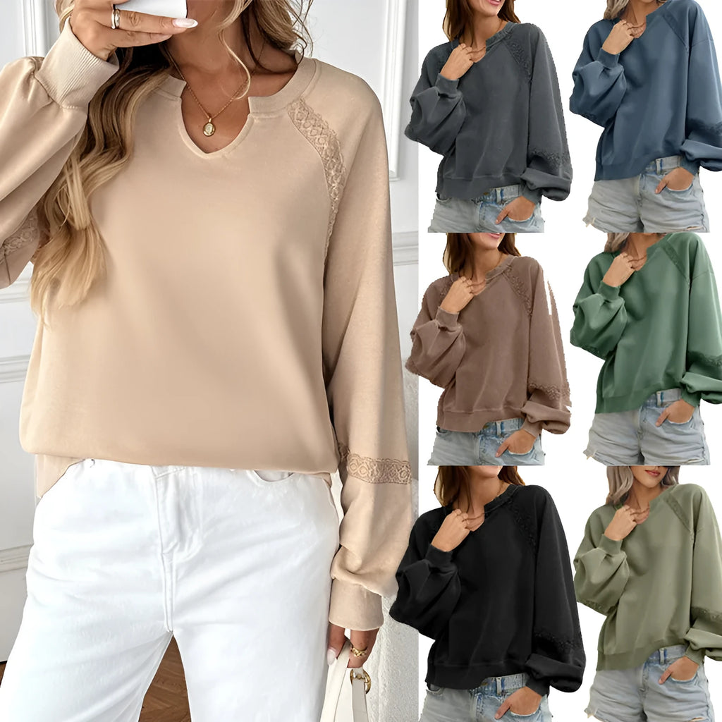 Women's half-open collar lace stitching sweater in cotton polyester blend fabric