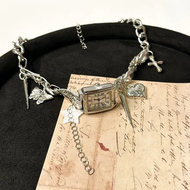 Dark multi-layer cross necklace with twin clavicle chains and hemp flower design on alloy chain