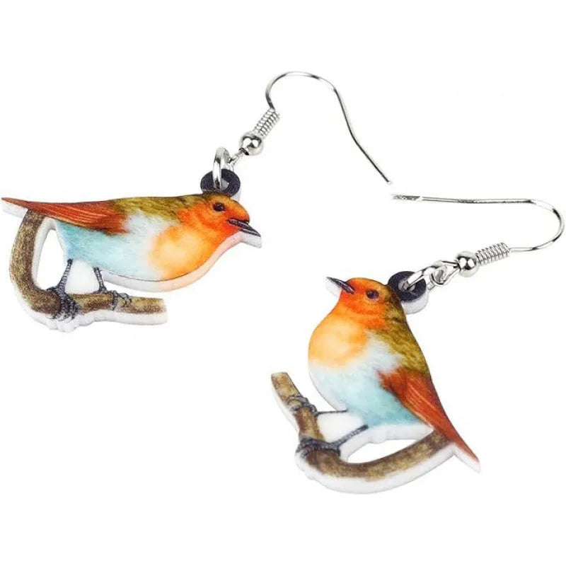 Blue Titmouse and snake design acrylic pendant earrings with geometric animal zodiac styling