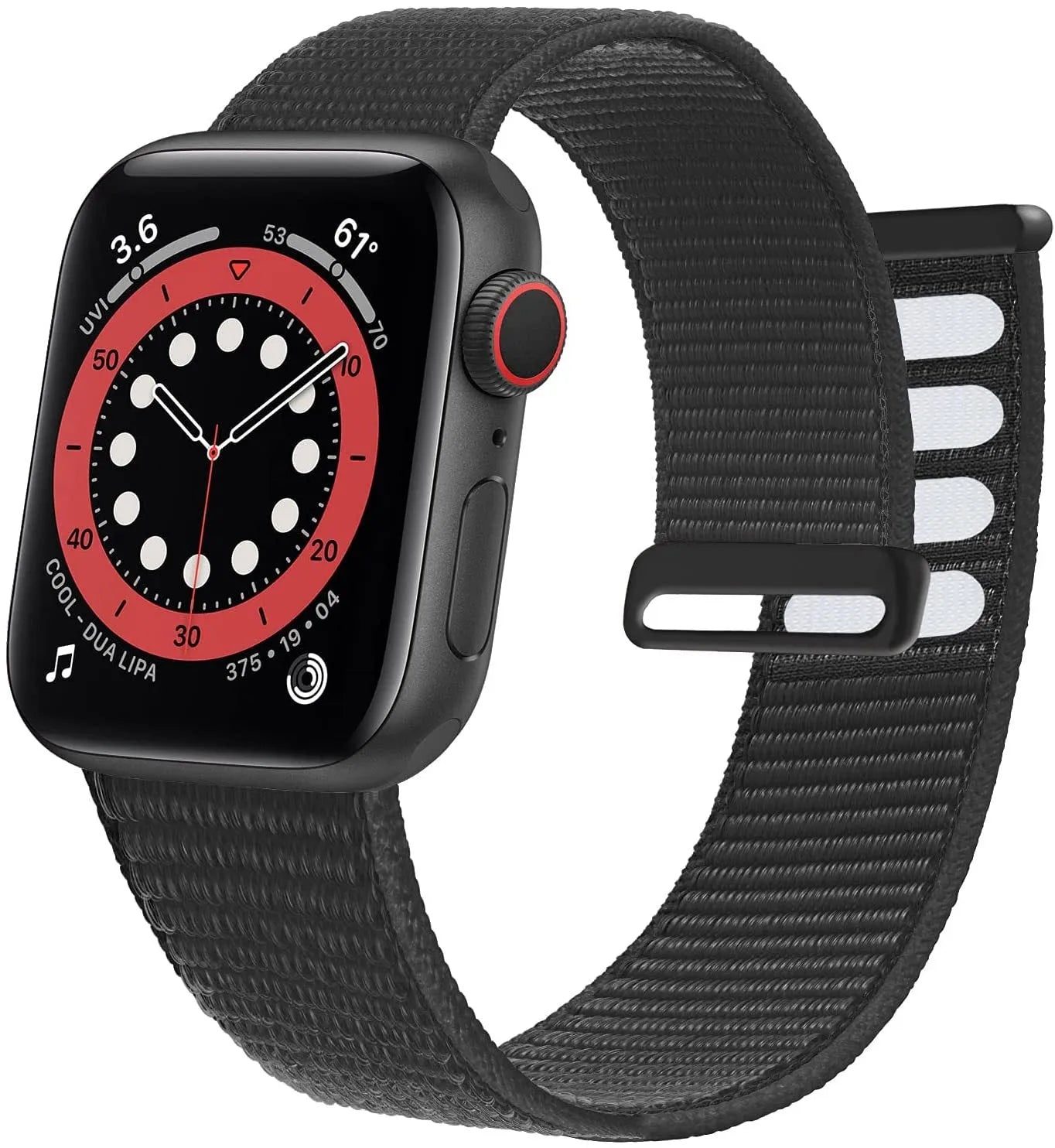 Woven fabric Apple Watch replacement strap shown in multiple colour options including reflective finishes.