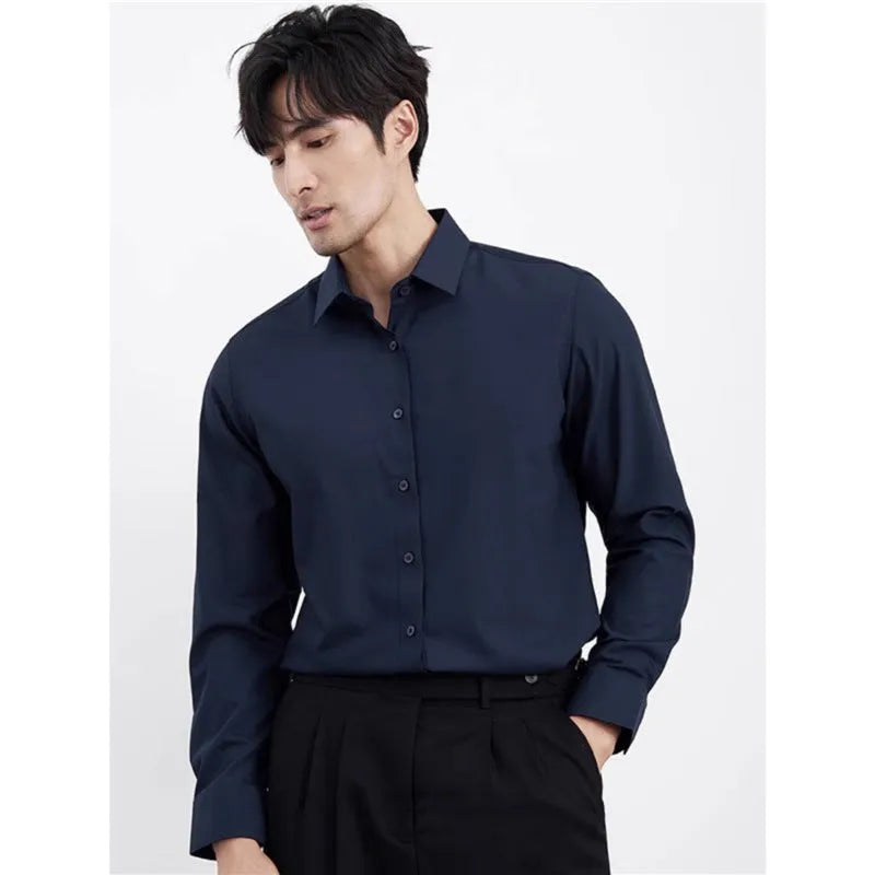 Men's wine red slim fit cardigan shirt with long sleeves on a hanger.