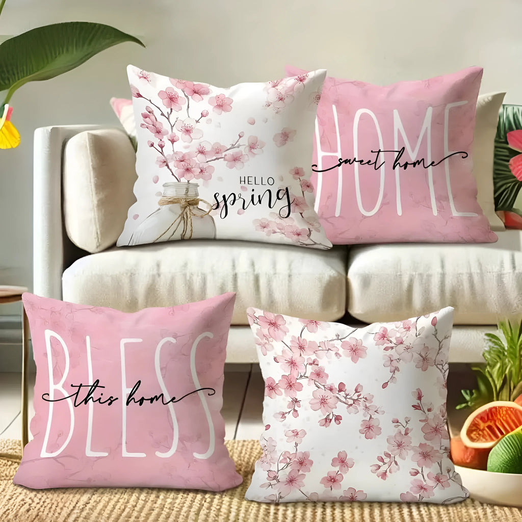 Spring Cherry Blossom Letter design on a short velvet cushion cover for sofa decor.