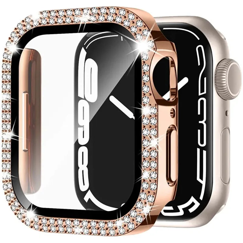 Apple Watch protective case with Double Diamond Glass screen protector in rose gold colour for a 44mm model.