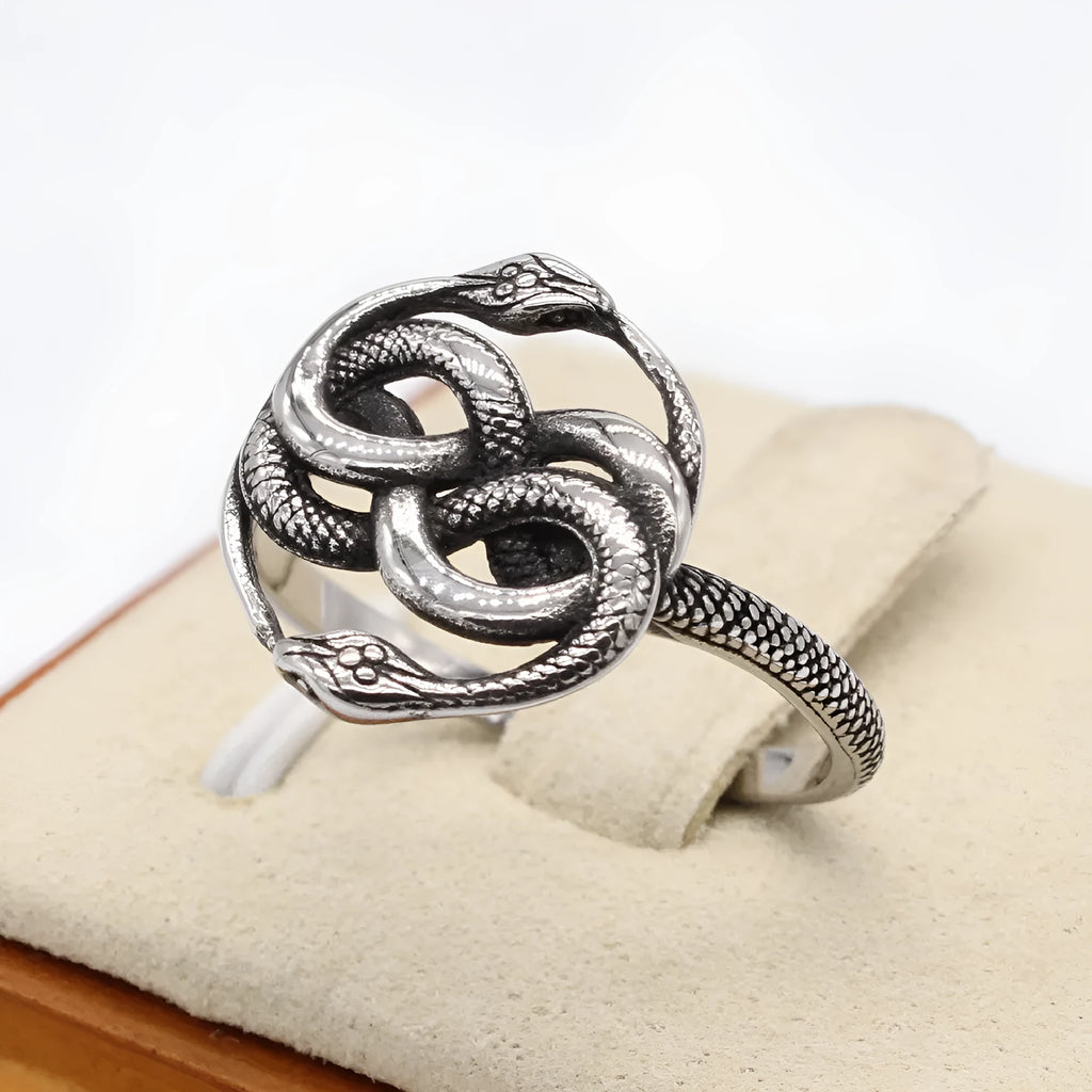 Titanium steel double snake ring in retro style with steel colour finish