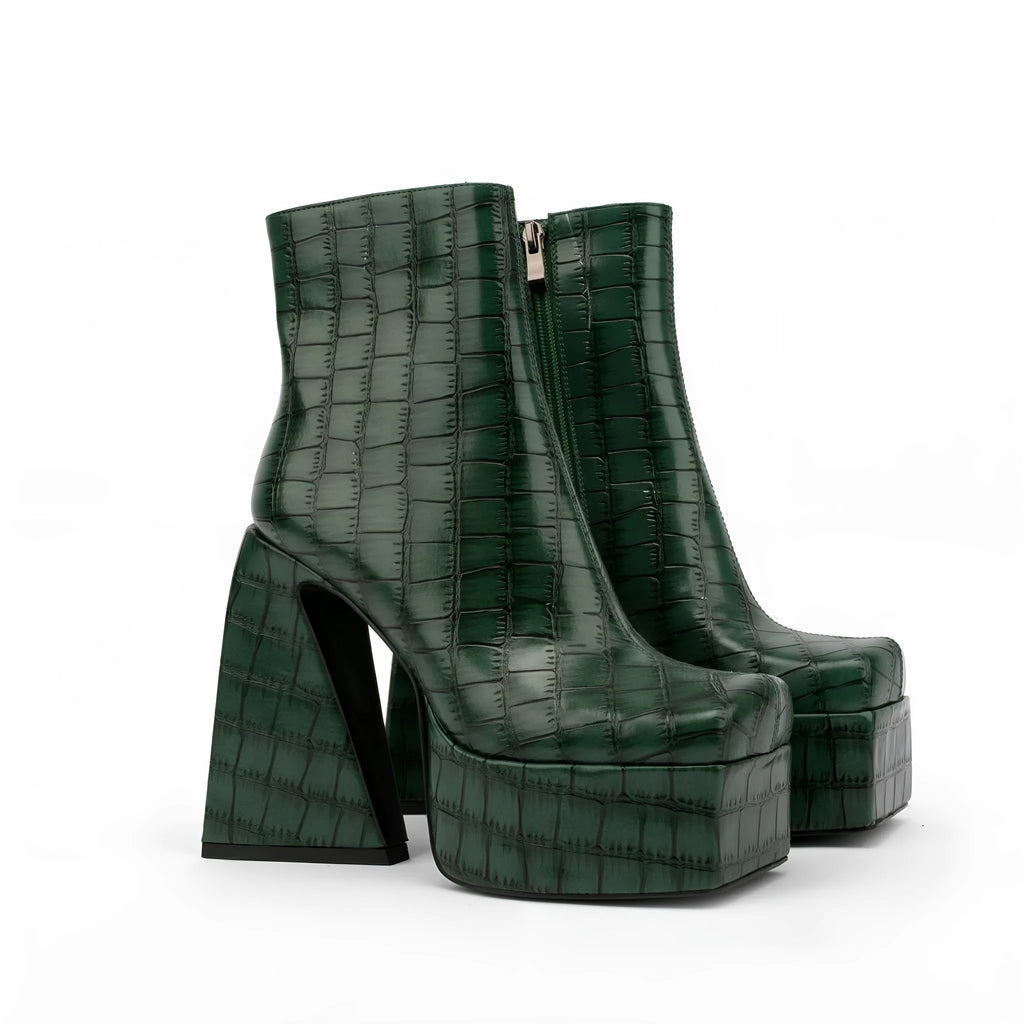 Women's high-heel ankle boots in red, green, black, beige, and brown colours, shown with a heel above 8cm.