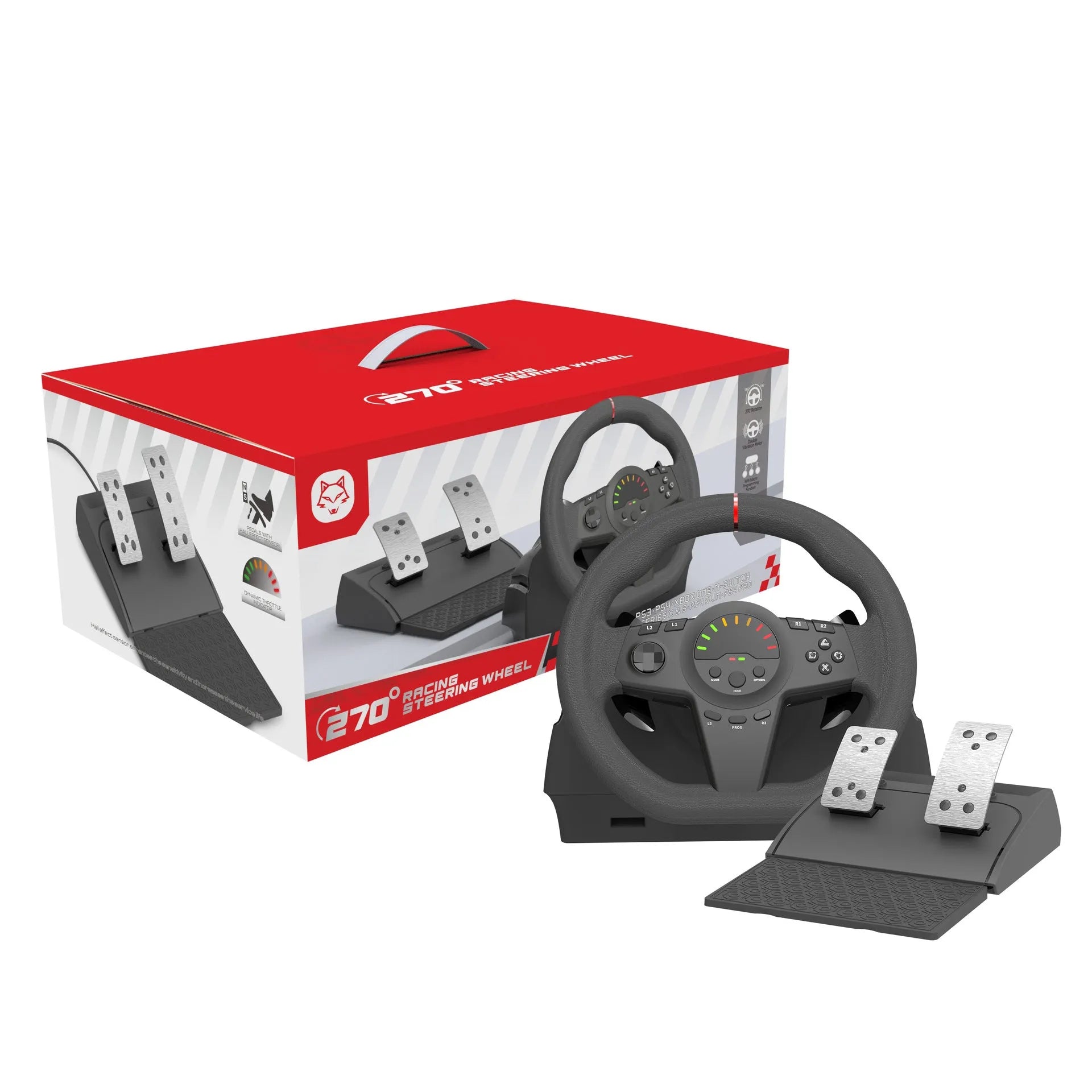 Black multi-platform steering wheel game controller with two pedals and manual mounting bracket