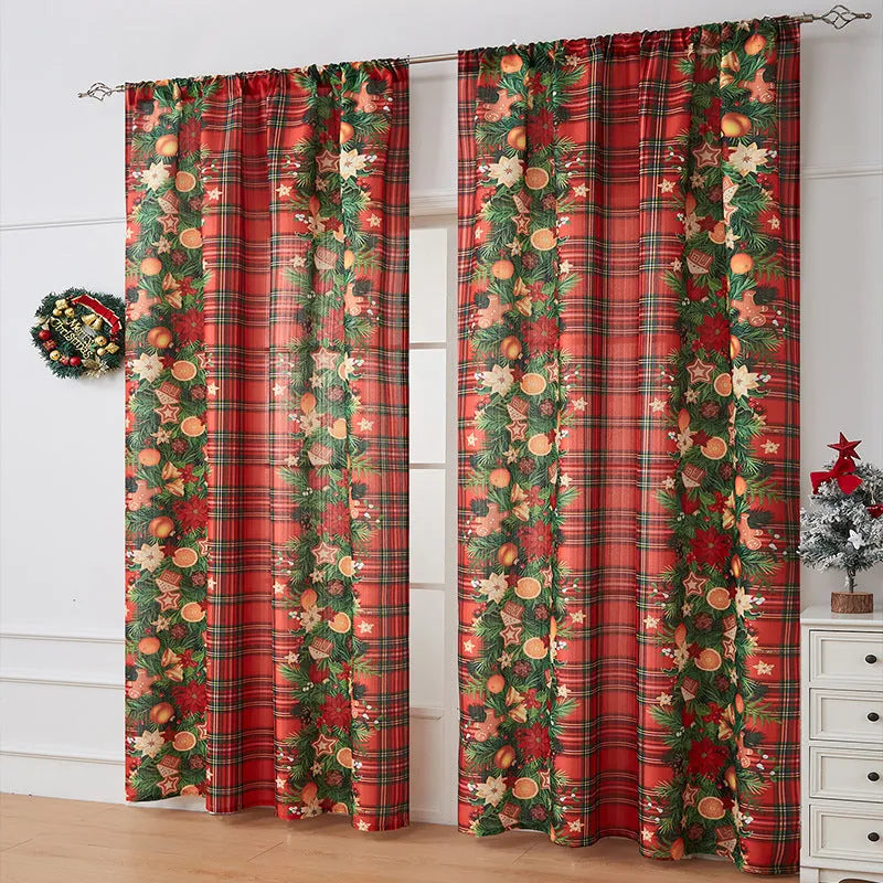 American style printed polyester shading curtain with Christmas pattern in red plaid design