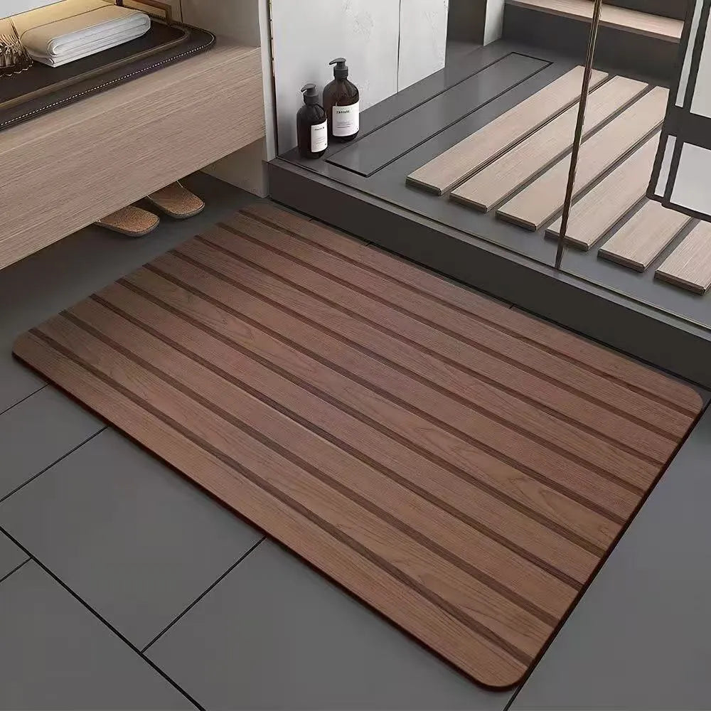 Square American wood grain patterned diatom ooze bathroom floor mat with non-slip backing.