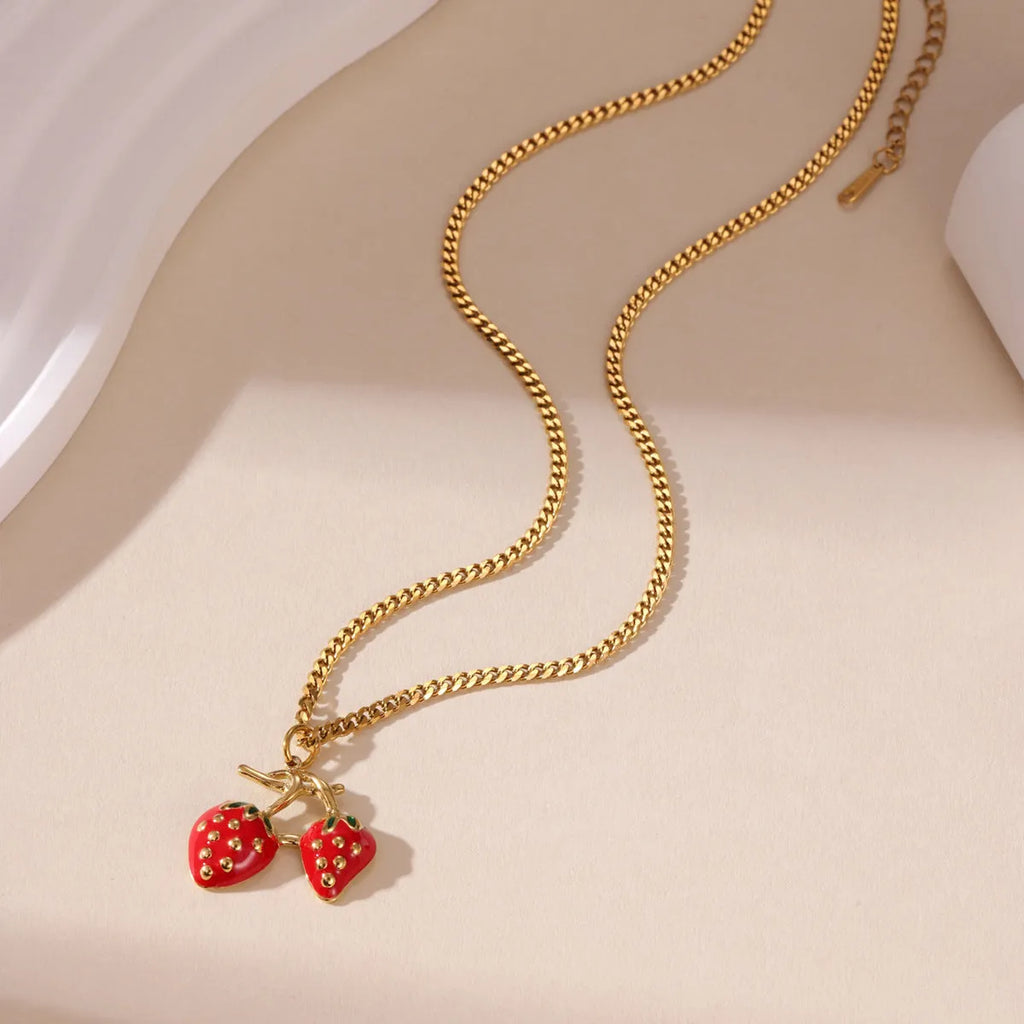 Strawberry fruit necklace for women with stainless steel pendant in red or white gradient colour options