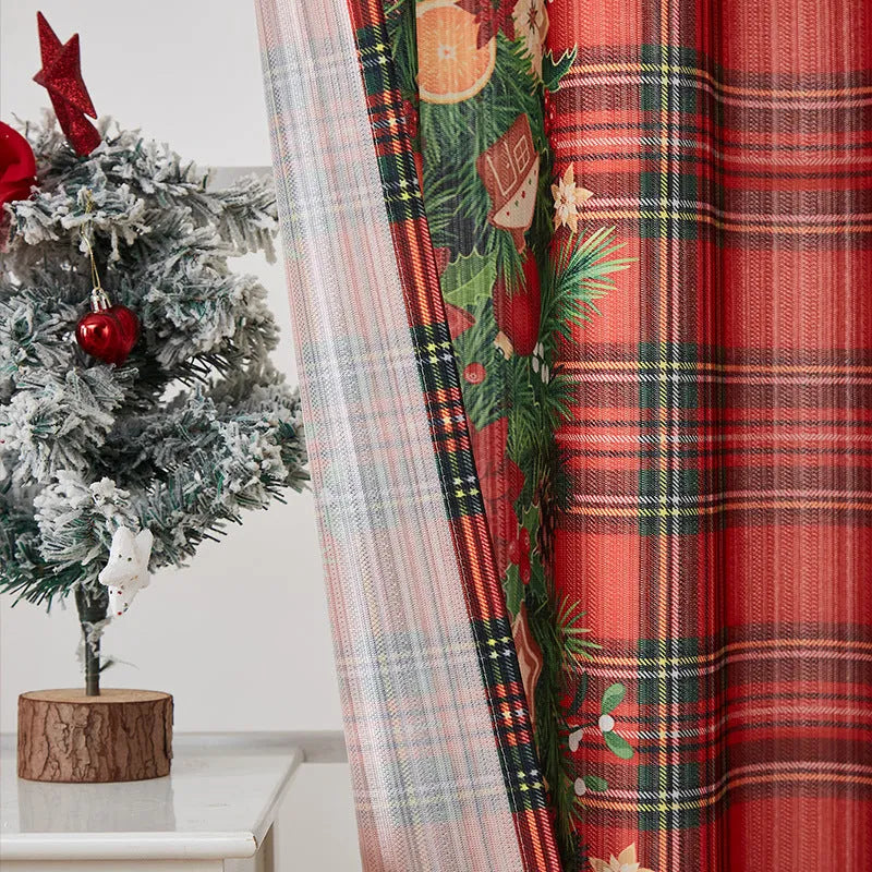 American style printed polyester shading curtain with Christmas pattern in red plaid design
