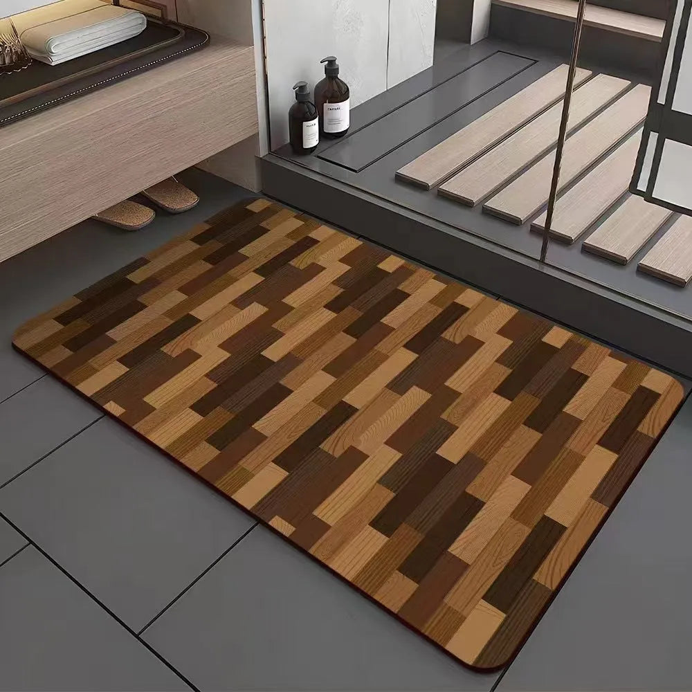 Square American wood grain patterned diatom ooze bathroom floor mat with non-slip backing.