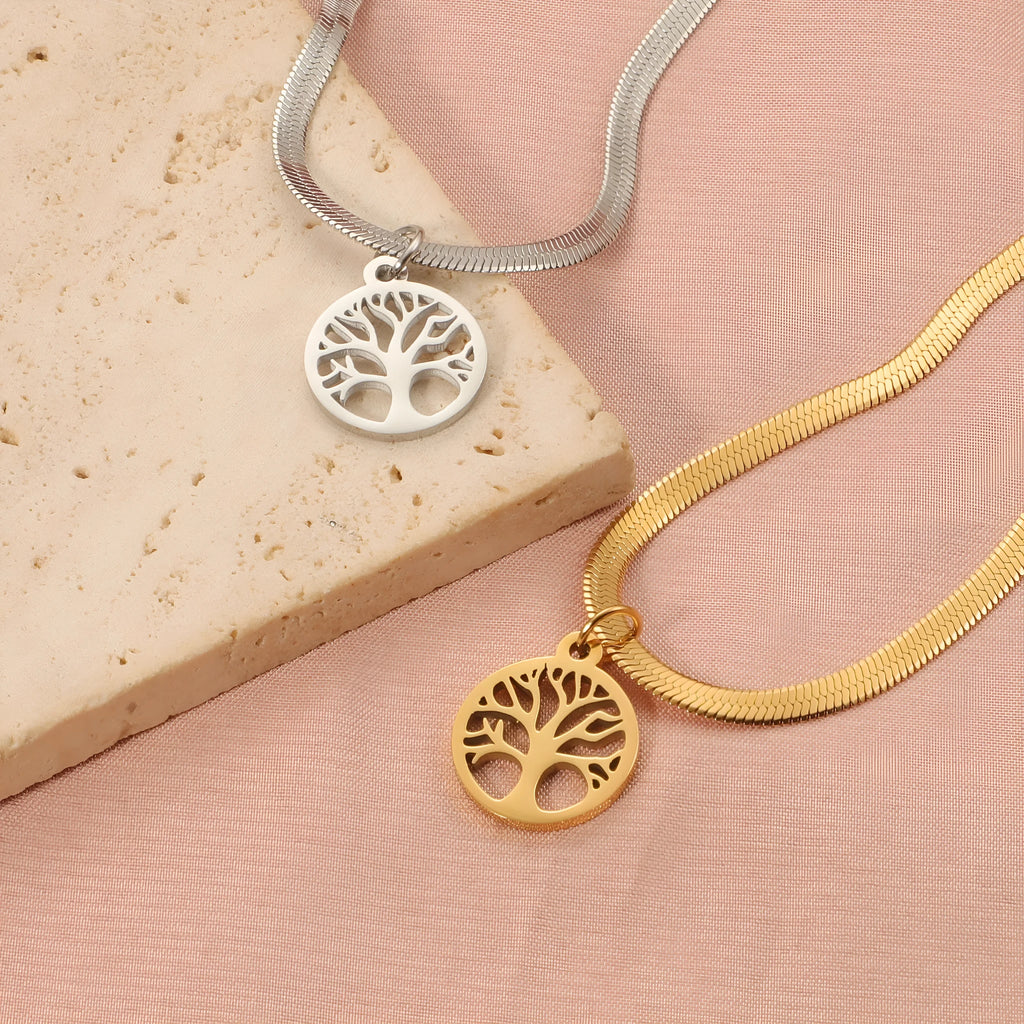 Stainless steel clavicle chain with tree pendant on snake bone chain in gold or steel colour.