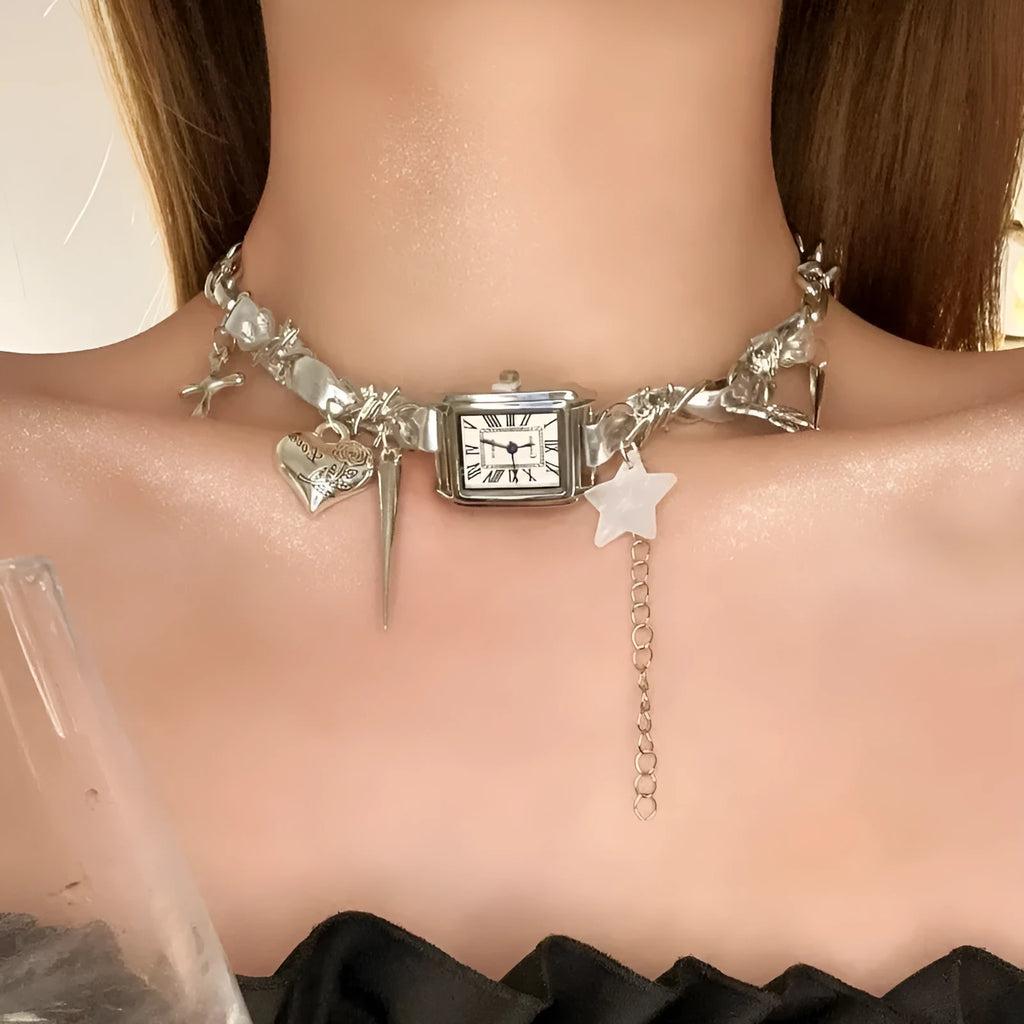 Dark multi-layer cross necklace with twin clavicle chains and hemp flower design on alloy chain