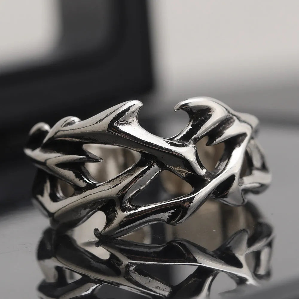 Adjustable copper men's ring with thorn flower design in geometric shape