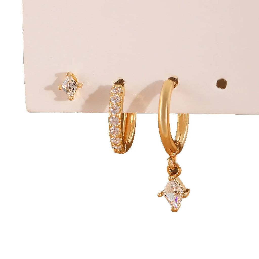 Geometric zircon three-piece ladies earring set with gold and silver plating options