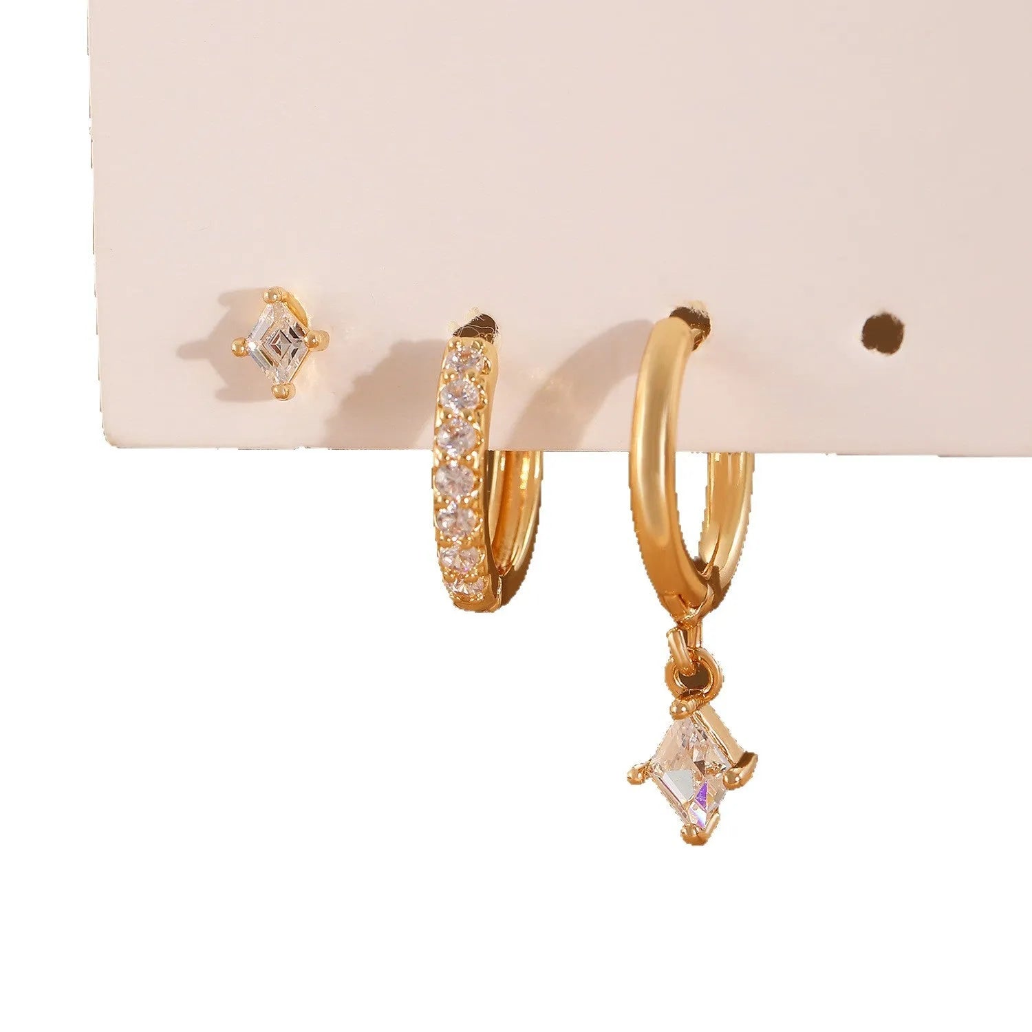 Geometric zircon three-piece ladies earring set with gold and silver plating options