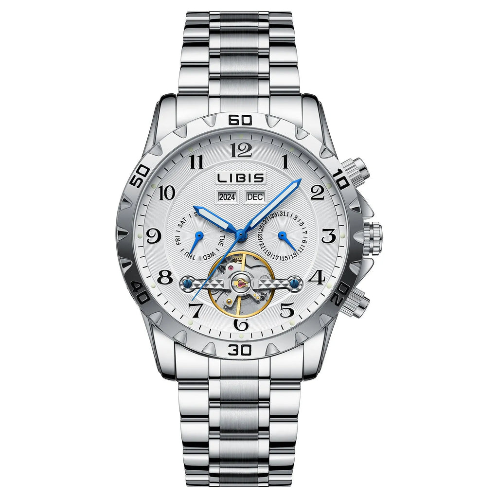 Silver men's automatic perpetual calendar mechanical watch with stainless steel strap