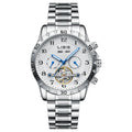 Silver men's automatic perpetual calendar mechanical watch with stainless steel strap