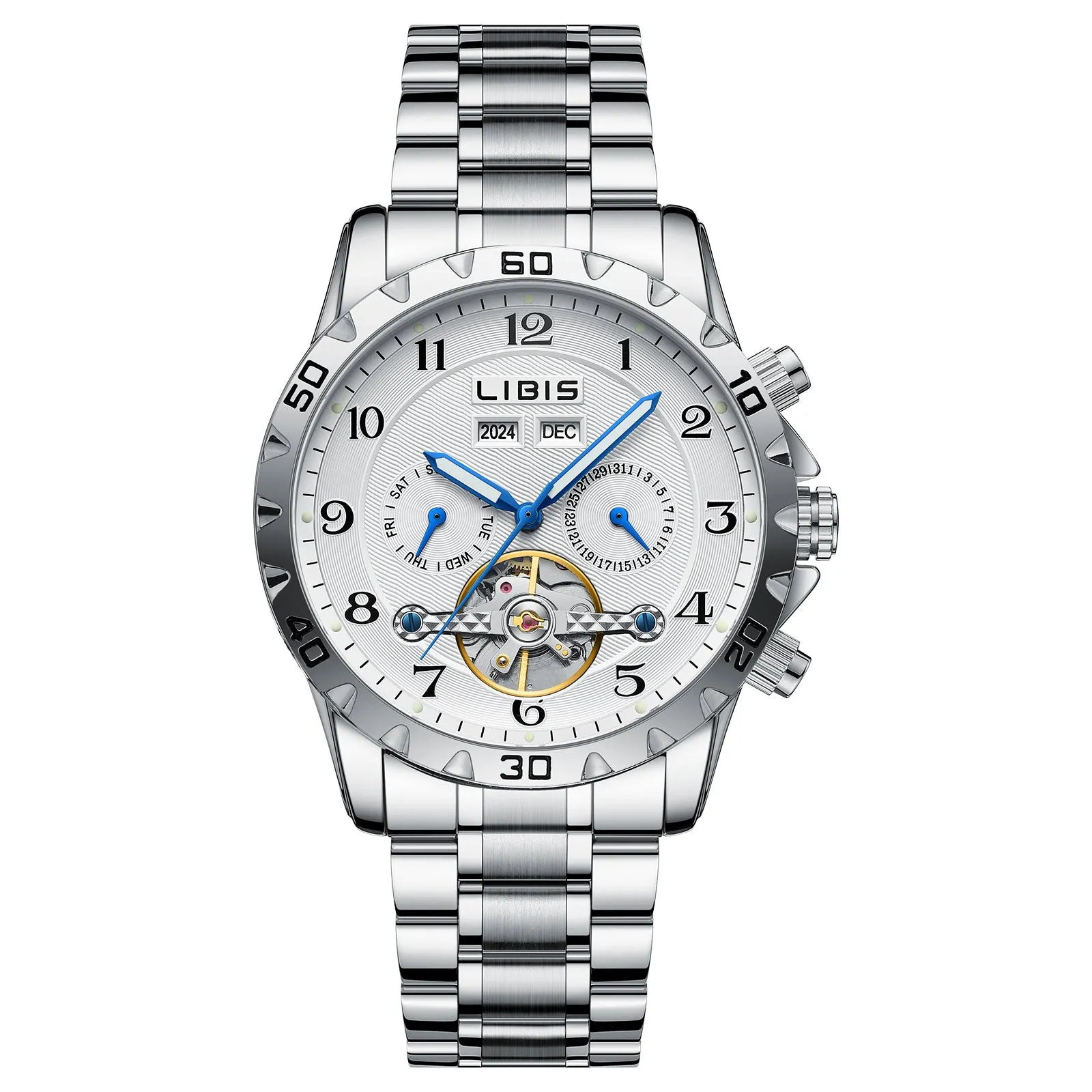 Silver men's automatic perpetual calendar mechanical watch with stainless steel strap