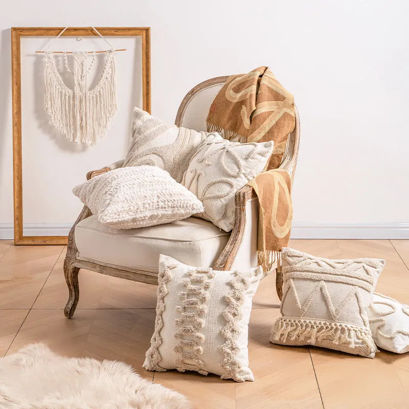 Printed sofa cushion cover with knitted tassel trim in a choice of six patterns and two sizes.
