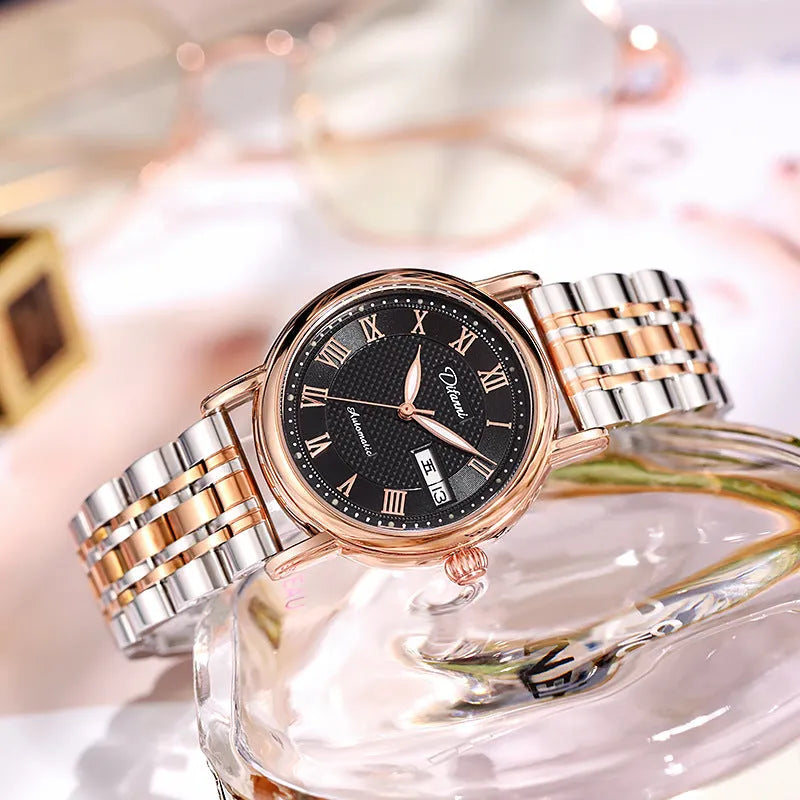 Women's automatic mechanical watch with a choice of steel bracelet or leather strap and white or black dial.