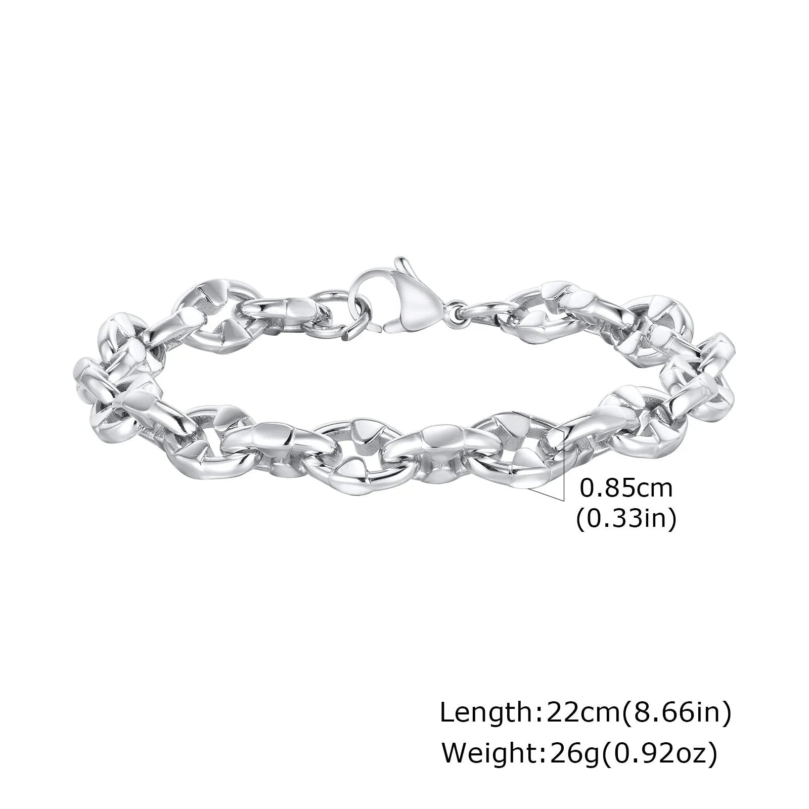 Stainless steel geometric thick chain bracelet with handmade links, steel colour finish