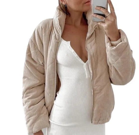 Women's apricot corduroy wadded jacket with stand collar and front zipper in street fashion style