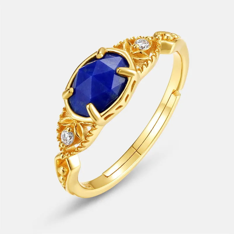Geometric silver ring with elliptical lapis lazuli stone in Japanese style design