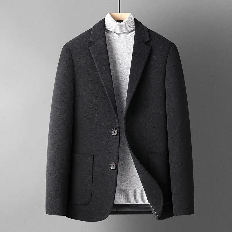 Men's slim fit wool suit jacket in grey on a hanger