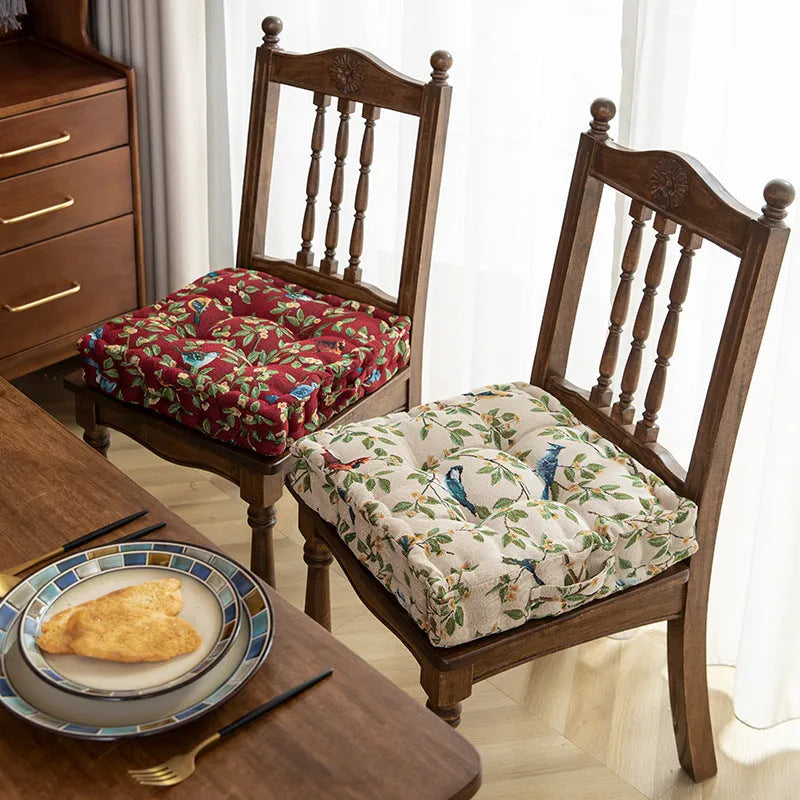 American-style square seat cushion in apricot colour with floral pattern, showing 8cm thickness.