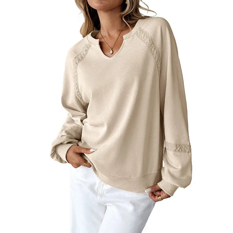 Women's half-open collar lace stitching sweater in cotton polyester blend fabric