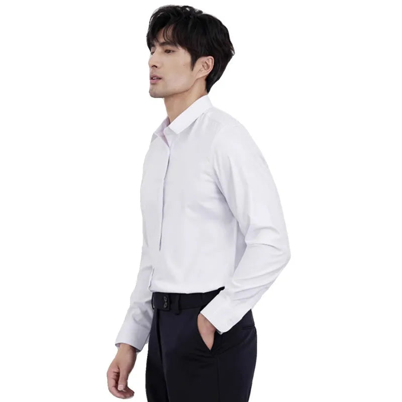 Men's wine red slim fit cardigan shirt with long sleeves on a hanger.