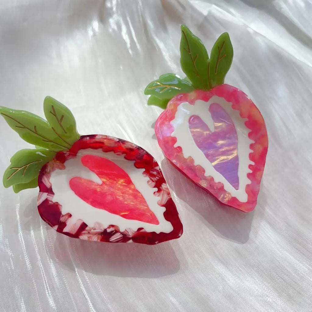 Handmade strawberry hairpin in pastoral style available in red or pink colours
