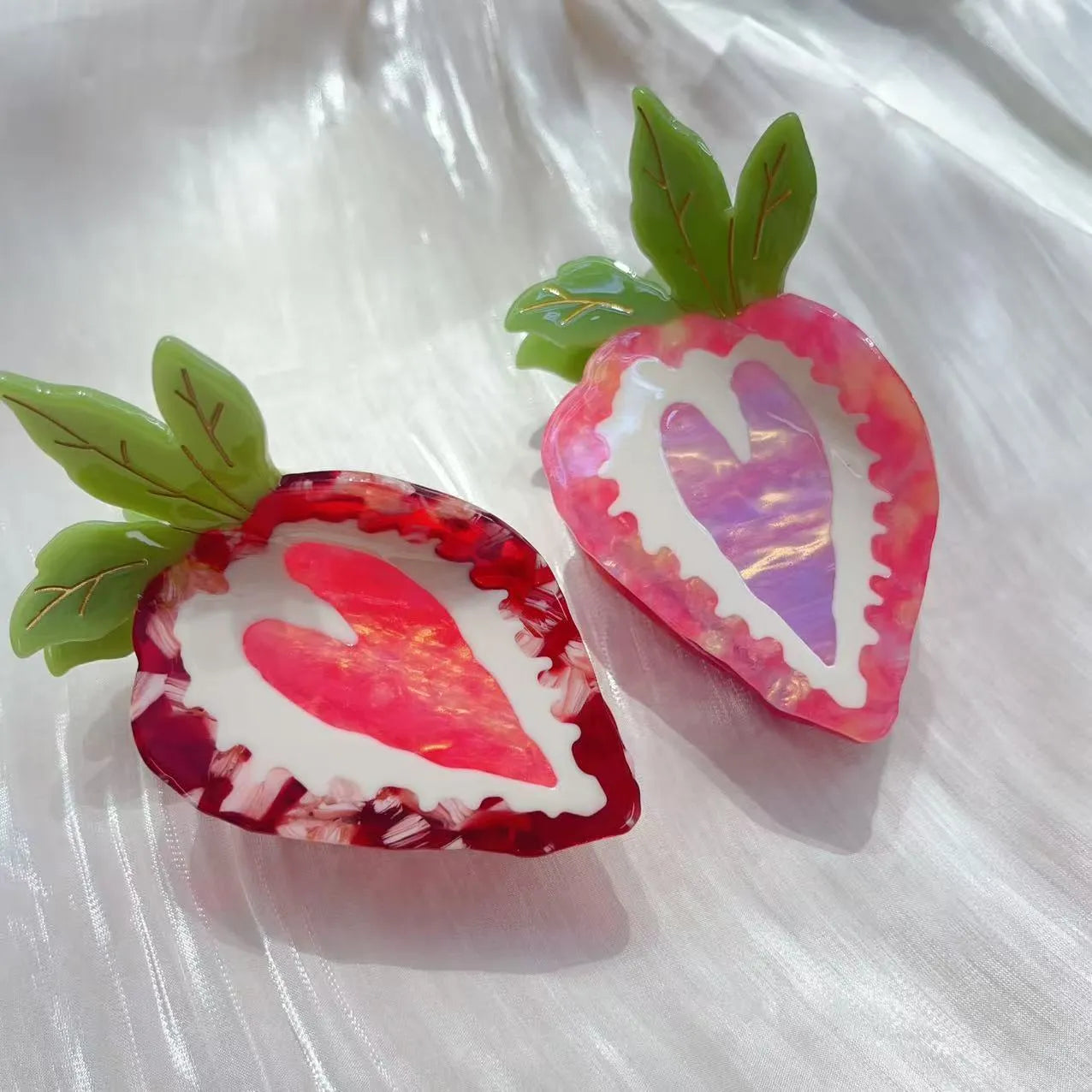 Handmade strawberry hairpin in pastoral style available in red or pink colours