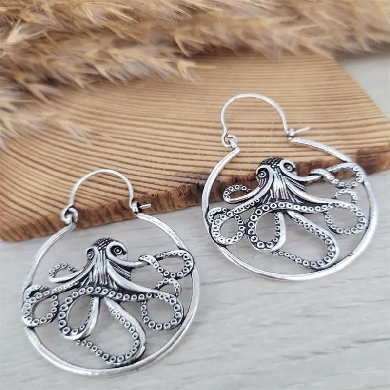 Vintage octopus earrings in antique silver finish with detailed animal zodiac modelling