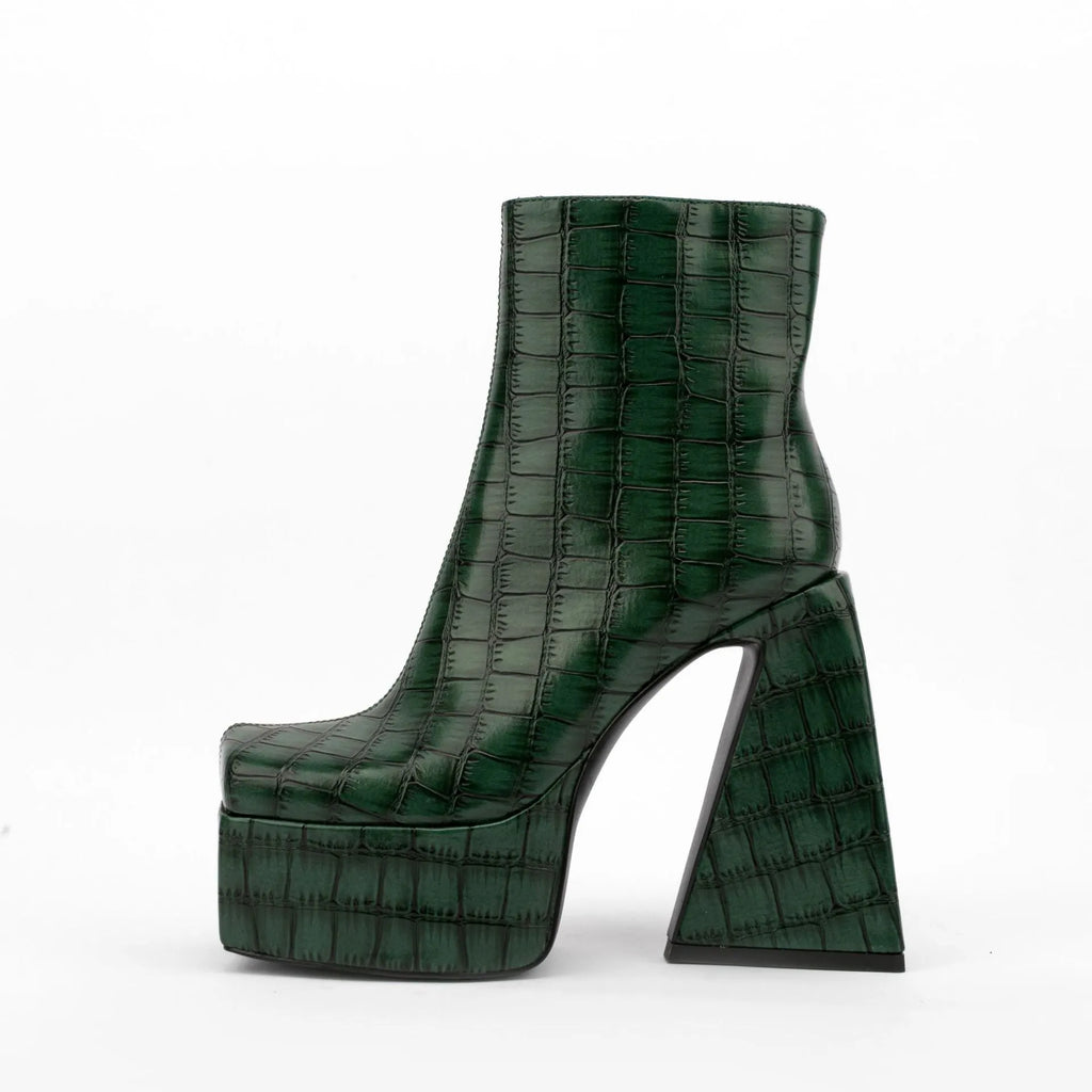 Women's high-heel ankle boots in red, green, black, beige, and brown colours, shown with a heel above 8cm.