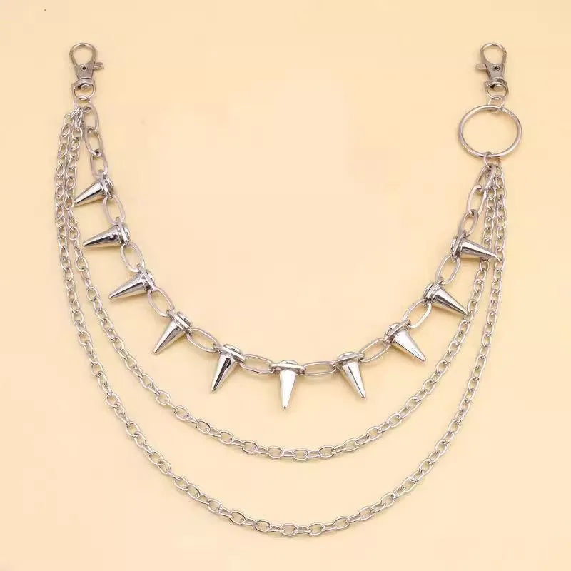 Double layer silver metal trousers chain with rivet details for punk hip hop fashion