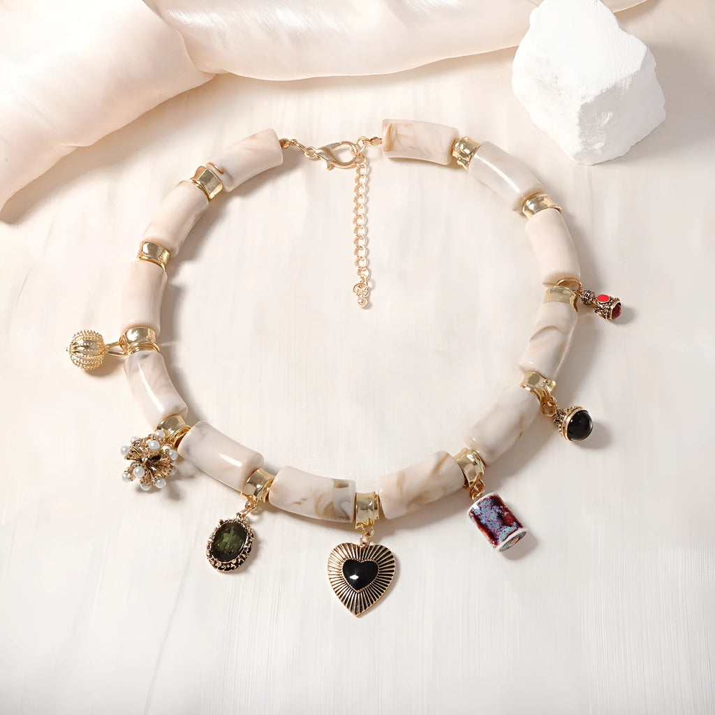 Heart-shaped resin bamboo necklace with electroplated finish on 45cm chain