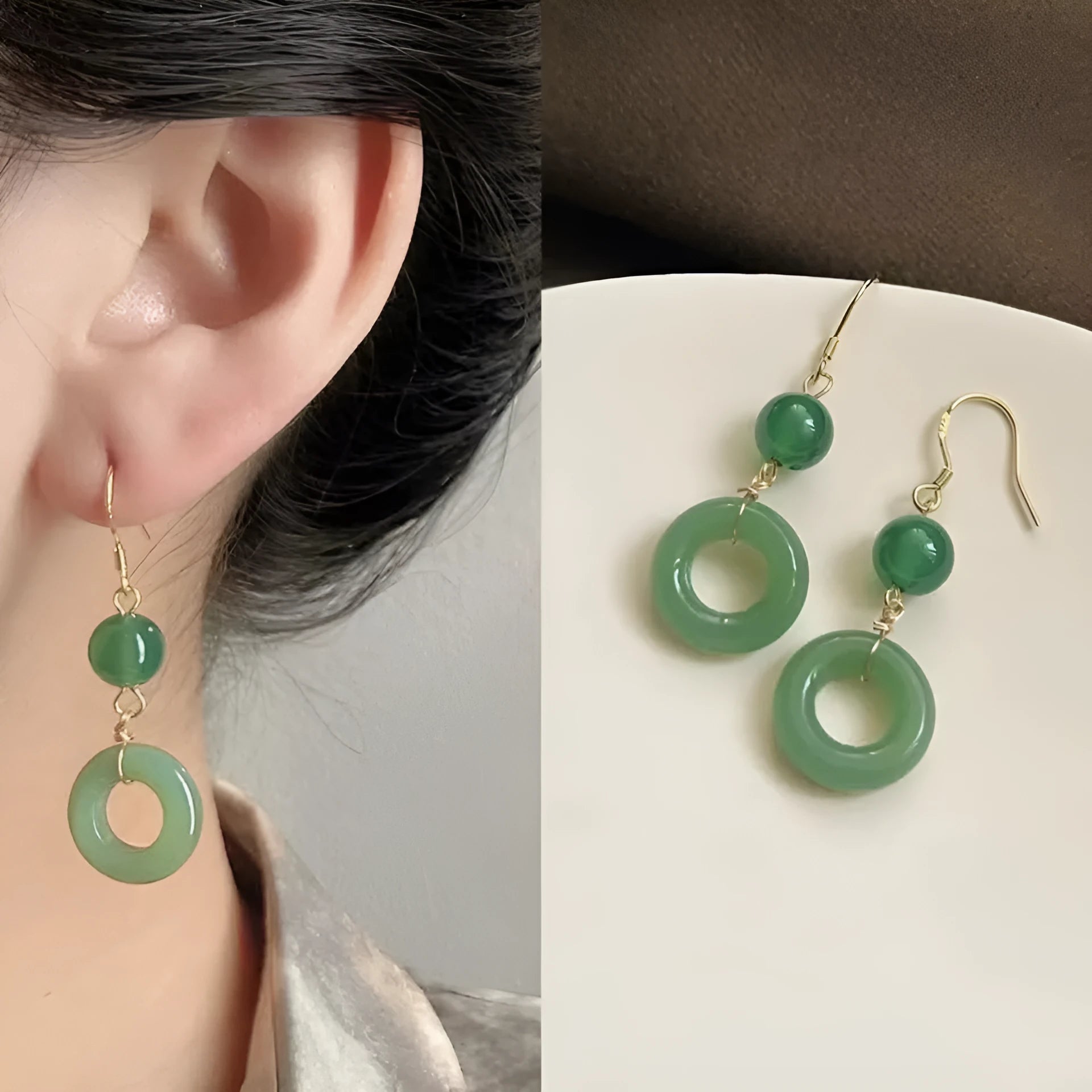 Pair of green Chinese style peace buckle geometric earrings with gold plating.
