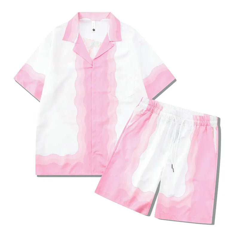 Men's plaid short-sleeve shirt and trouser beach outfit on a hanger.