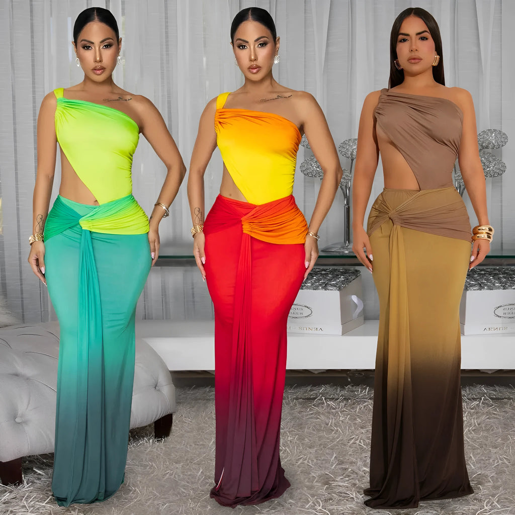 Women's long sleeveless dress with cross-shoulder neckline in a green gradient colour pattern.