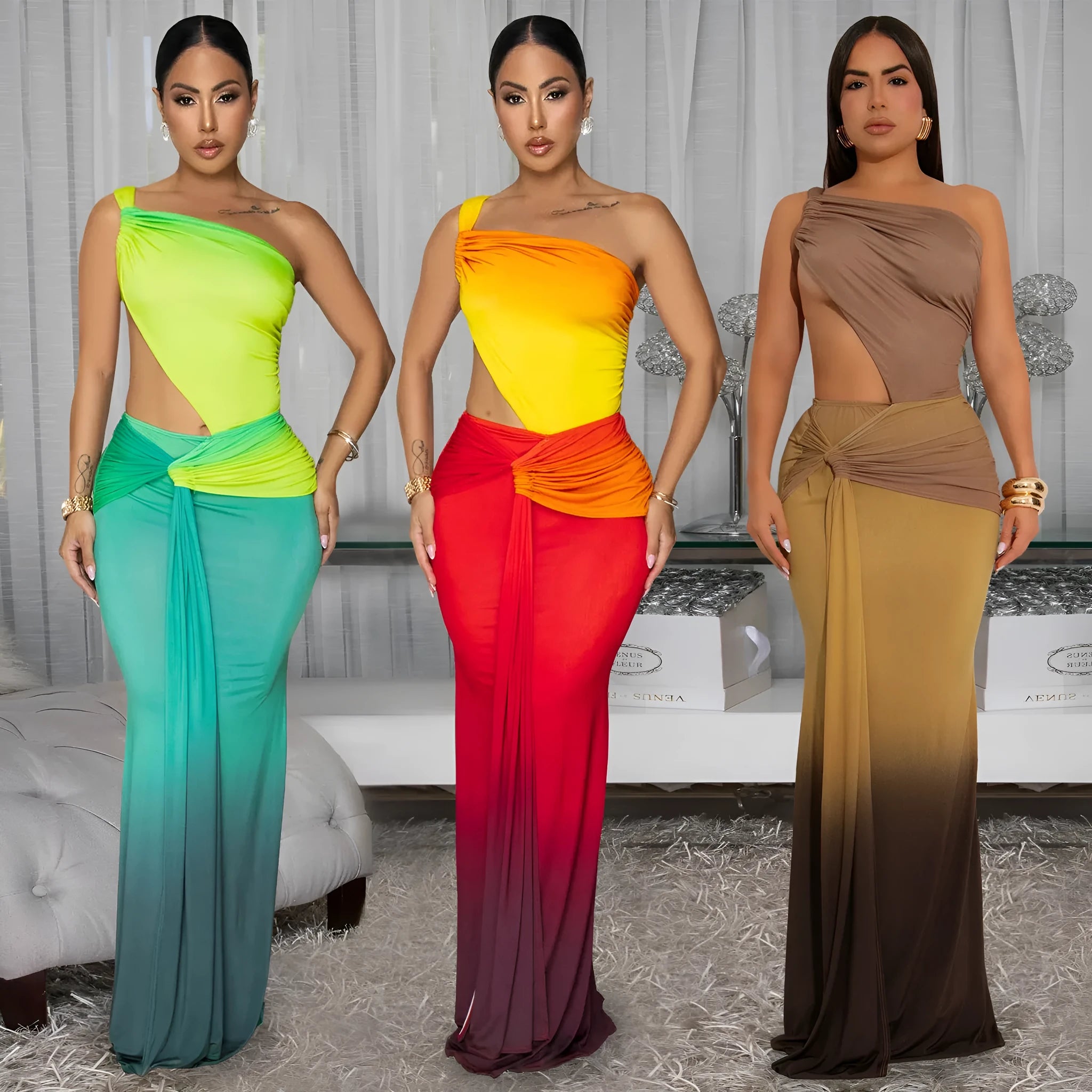 Women's long sleeveless dress with cross-shoulder neckline in a green gradient colour pattern.