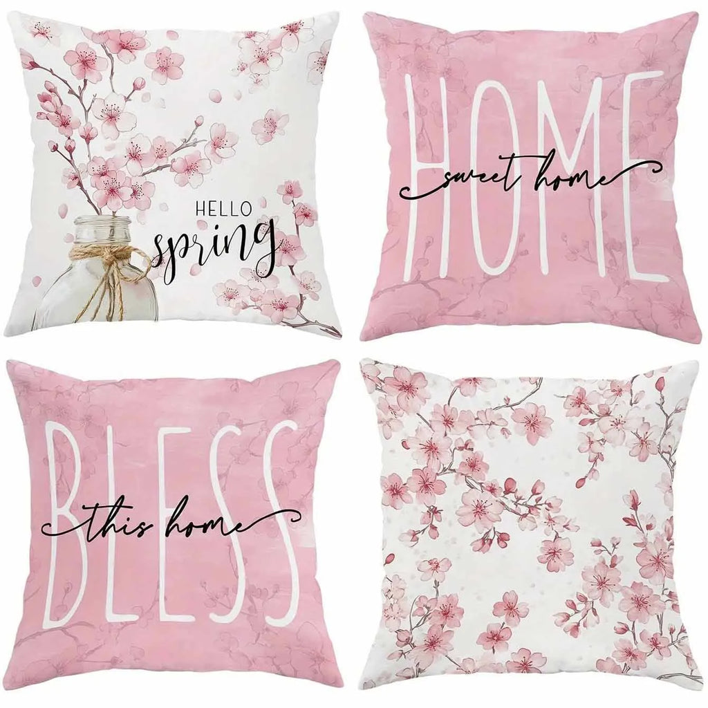 Spring Cherry Blossom Letter design on a short velvet cushion cover for sofa decor.