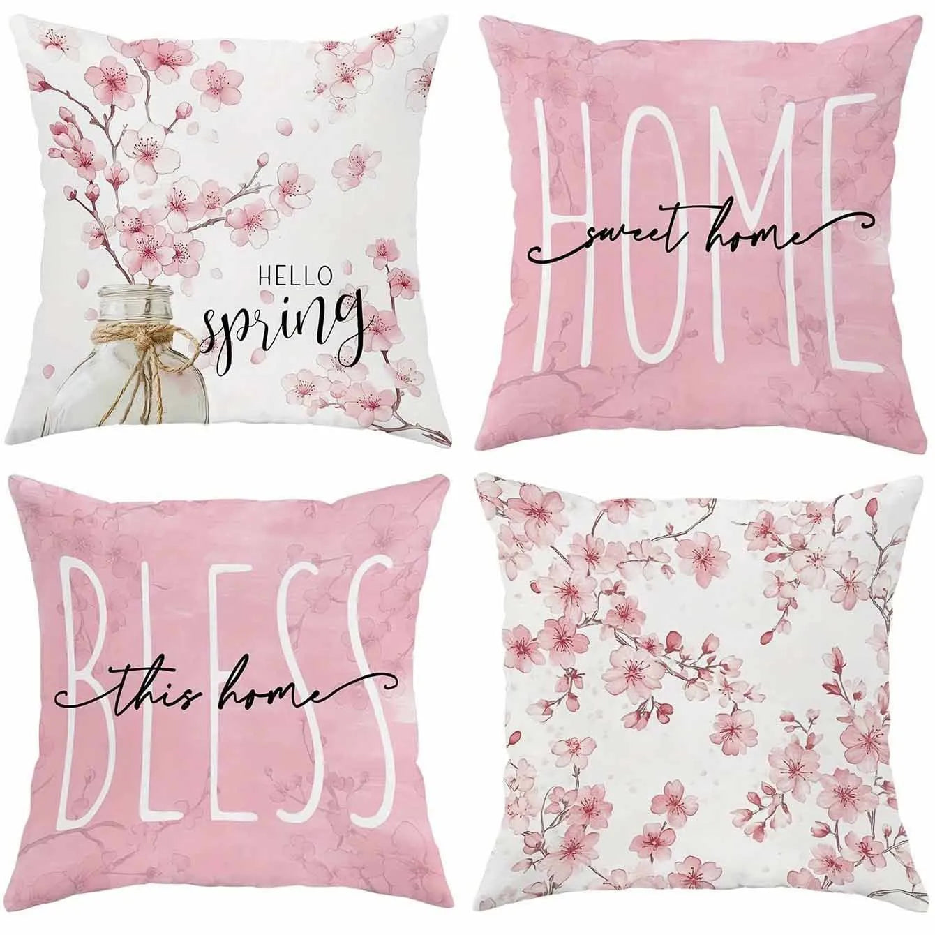 Spring Cherry Blossom Letter design on a short velvet cushion cover for sofa decor.