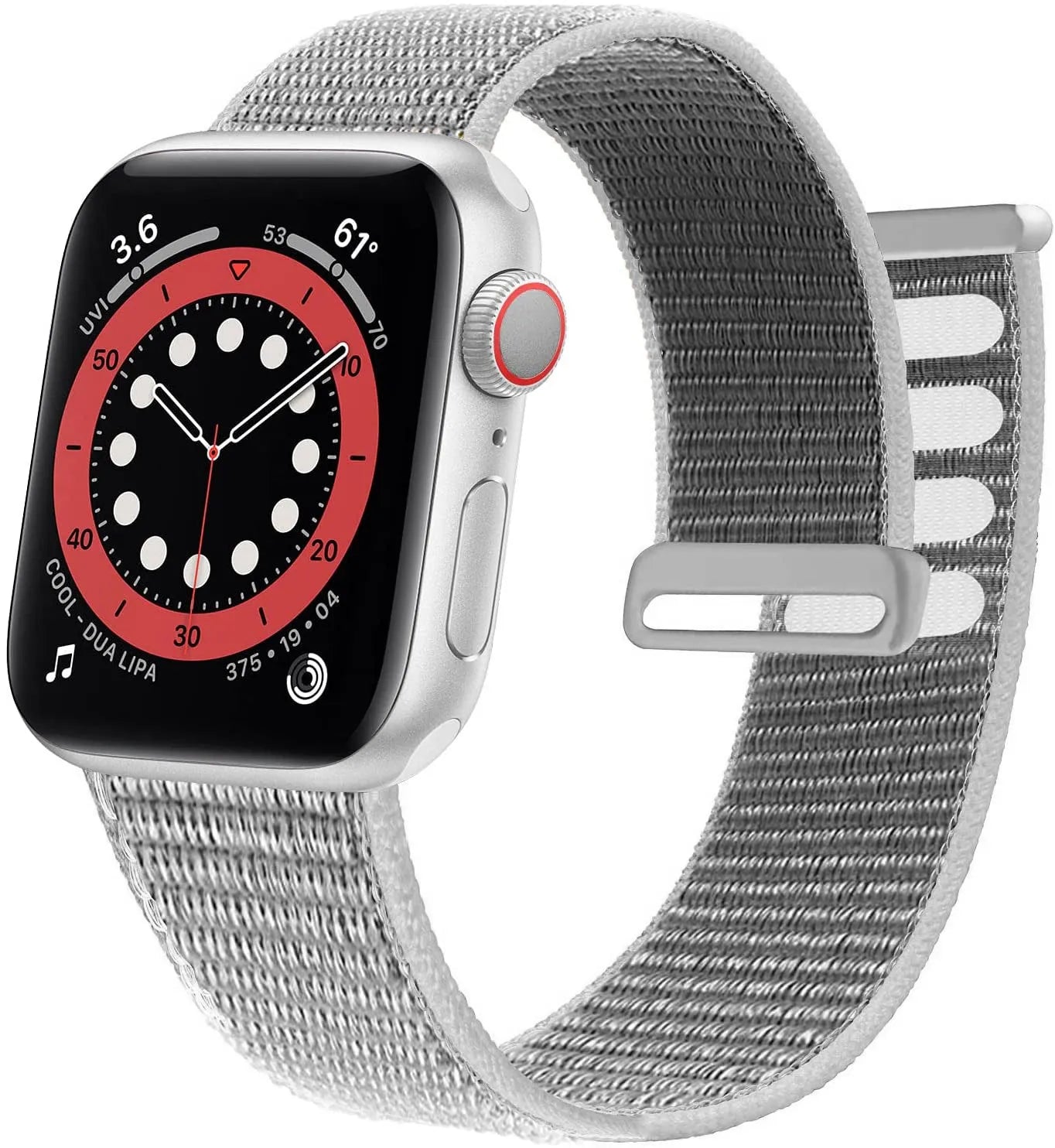 Woven fabric Apple Watch replacement strap shown in multiple colour options including reflective finishes.
