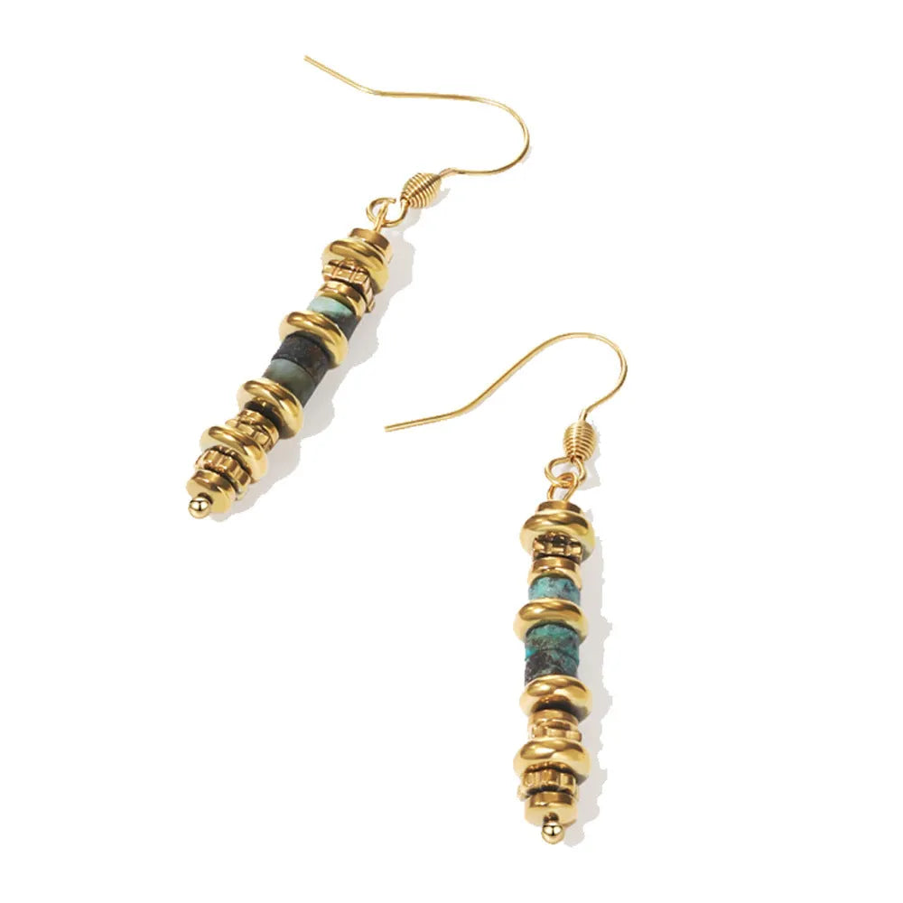 Geometric titanium steel dangle earrings with silver-toned finish and retro design