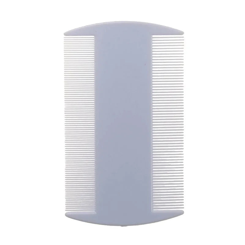 Plastic double-sided fine tooth flea comb on white background showing two combing edges.