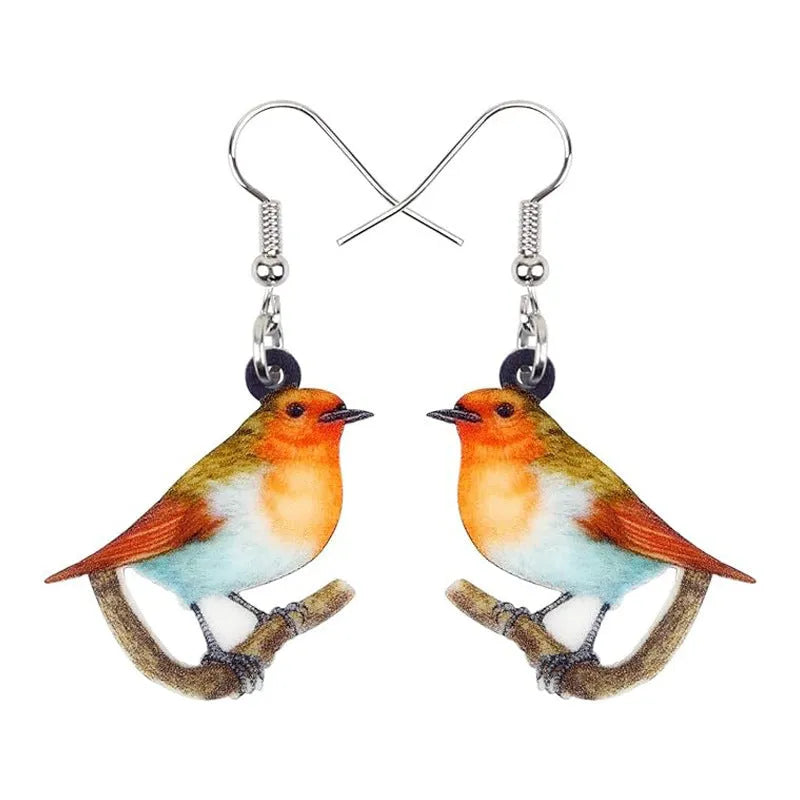 Blue Titmouse and snake design acrylic pendant earrings with geometric animal zodiac styling