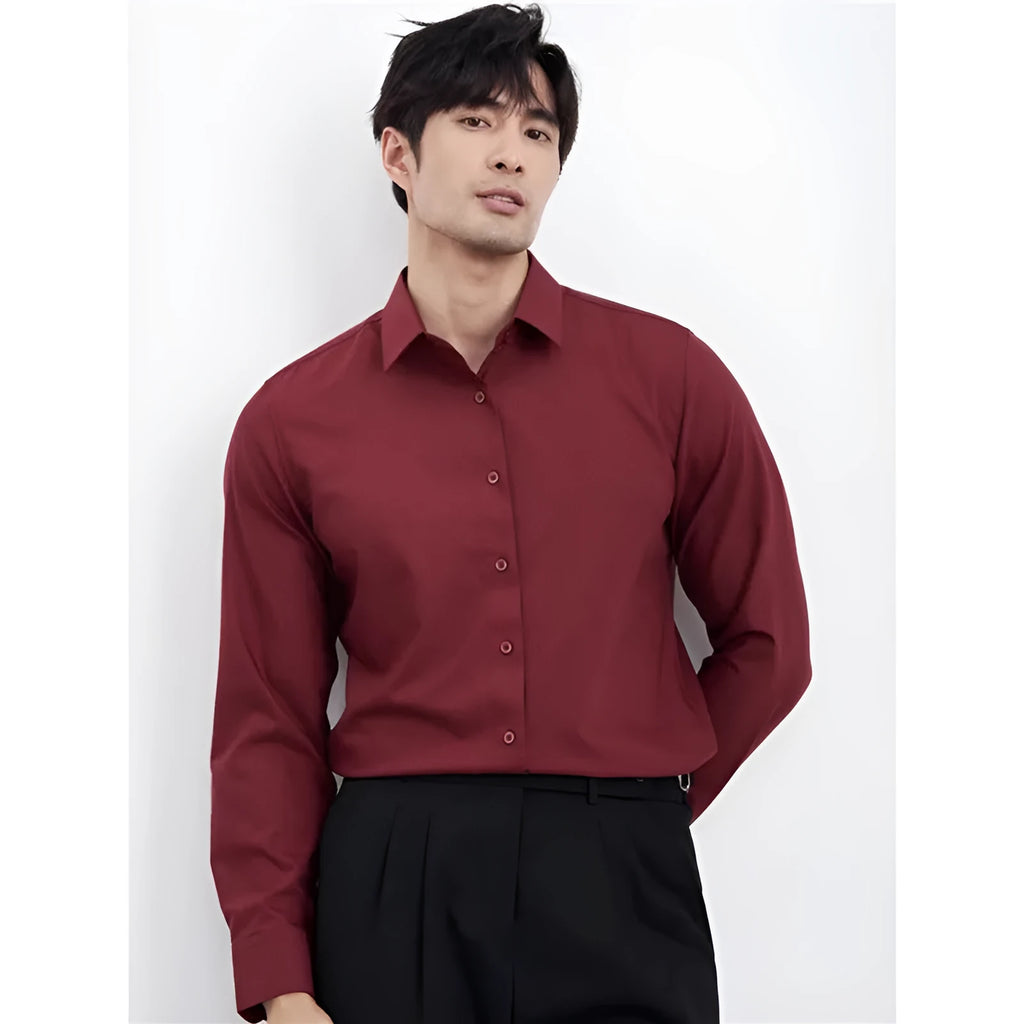 Men's wine red slim fit cardigan shirt with long sleeves on a hanger.
